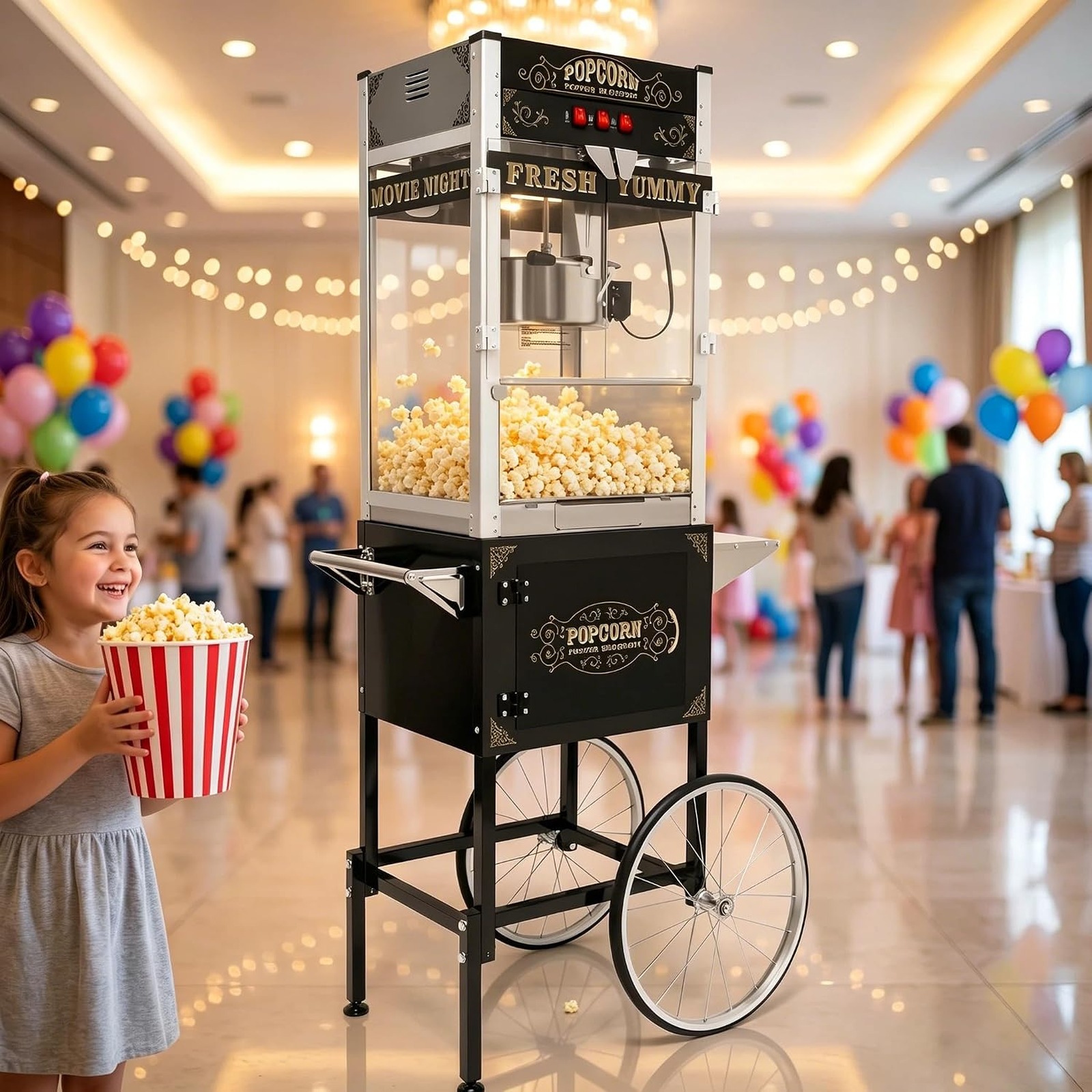 32oz Black Commercial Popcorn Machine with Cart - product photo