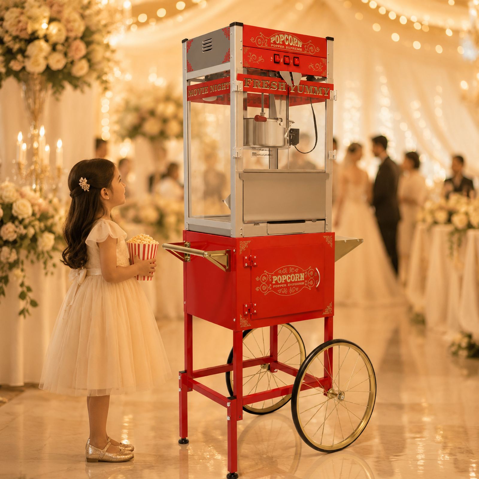 32oz red commercial popcorn machine with cart - party ready