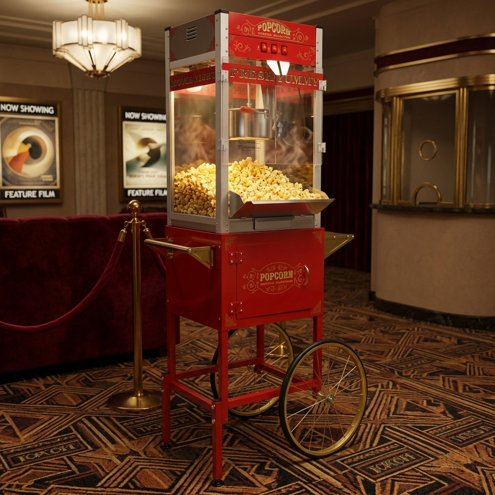 Red popcorn machine in a classic movie theater lobby